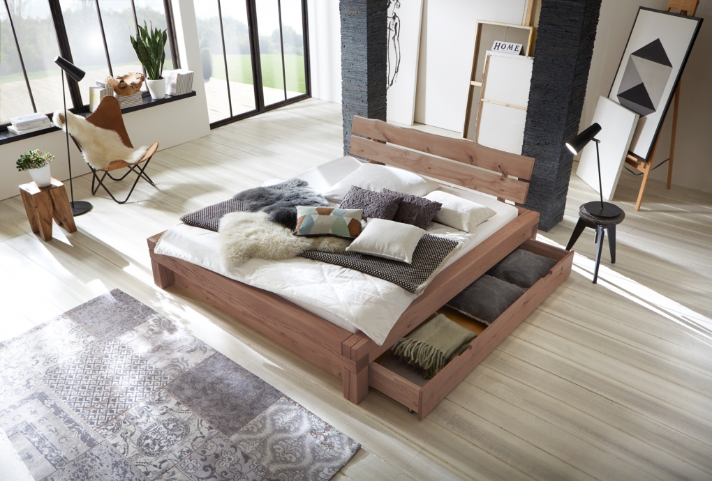 SAM® Massivholz-Bett Balkenbett Doppelbett mit Bettkasten ...